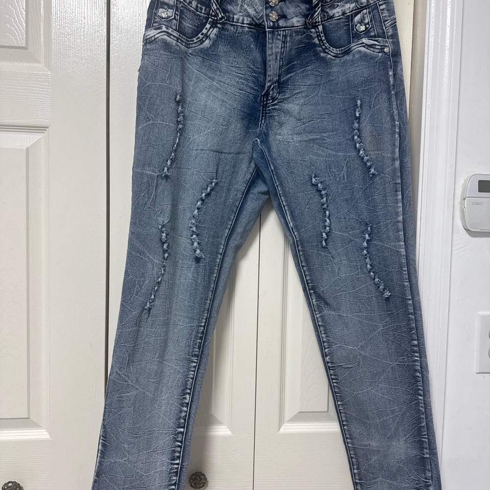 GOGO Women's Washed Blue Distressed Skinny Jeans A53